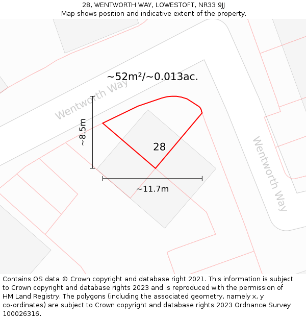 28, WENTWORTH WAY, LOWESTOFT, NR33 9JJ: Plot and title map