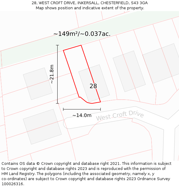 28, WEST CROFT DRIVE, INKERSALL, CHESTERFIELD, S43 3GA: Plot and title map