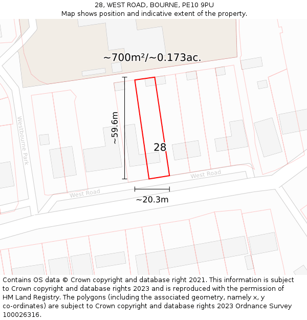 28, WEST ROAD, BOURNE, PE10 9PU: Plot and title map
