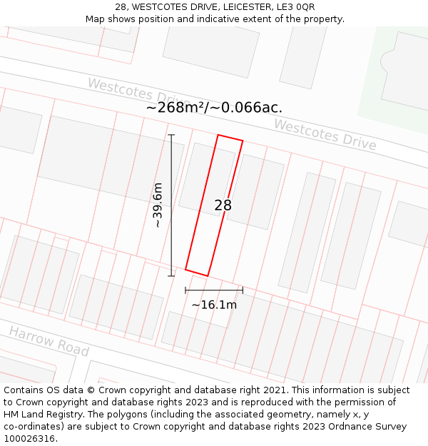28, WESTCOTES DRIVE, LEICESTER, LE3 0QR: Plot and title map