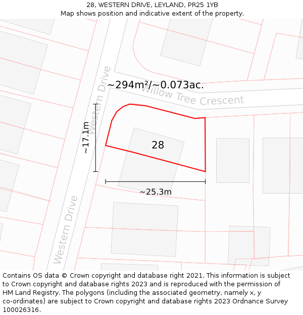 28, WESTERN DRIVE, LEYLAND, PR25 1YB: Plot and title map