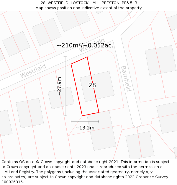 28, WESTFIELD, LOSTOCK HALL, PRESTON, PR5 5LB: Plot and title map