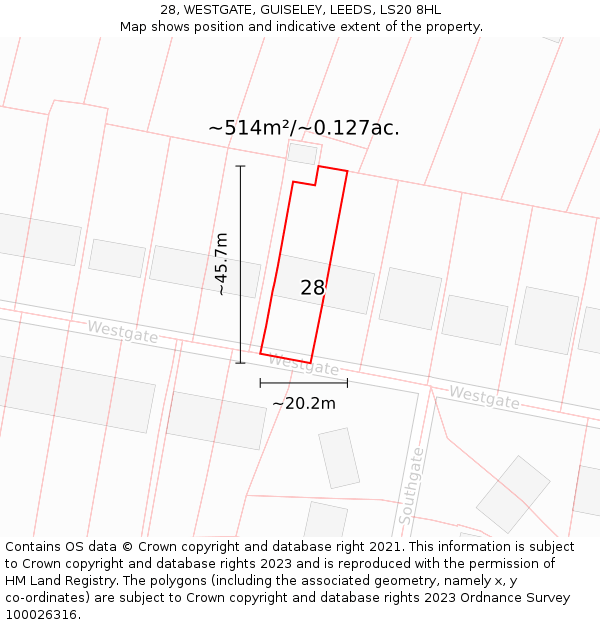 28, WESTGATE, GUISELEY, LEEDS, LS20 8HL: Plot and title map