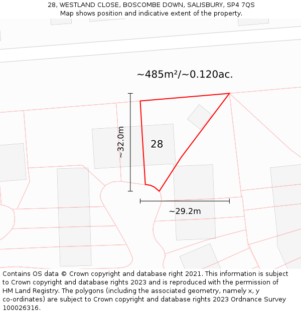 28, WESTLAND CLOSE, BOSCOMBE DOWN, SALISBURY, SP4 7QS: Plot and title map