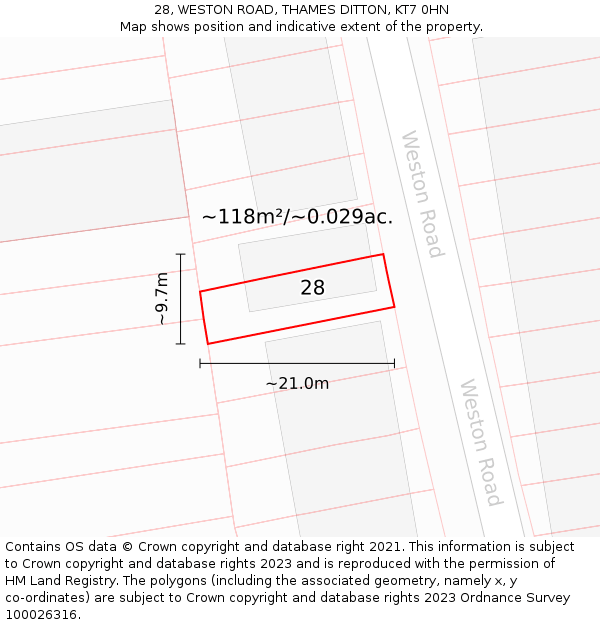 28, WESTON ROAD, THAMES DITTON, KT7 0HN: Plot and title map
