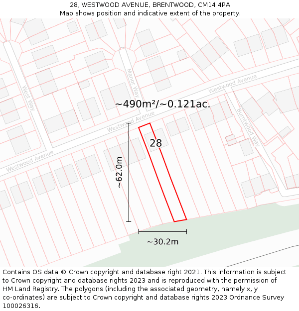 28, WESTWOOD AVENUE, BRENTWOOD, CM14 4PA: Plot and title map