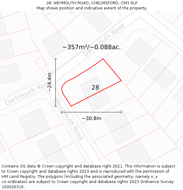 28, WEYMOUTH ROAD, CHELMSFORD, CM1 6LP: Plot and title map