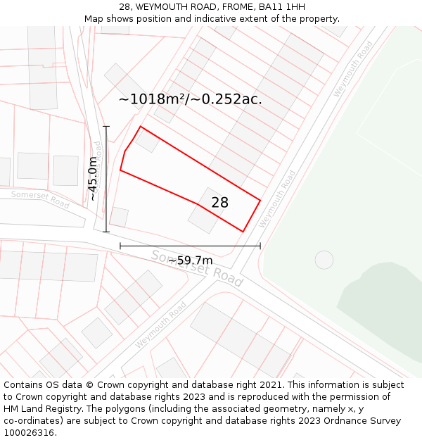 28, WEYMOUTH ROAD, FROME, BA11 1HH: Plot and title map