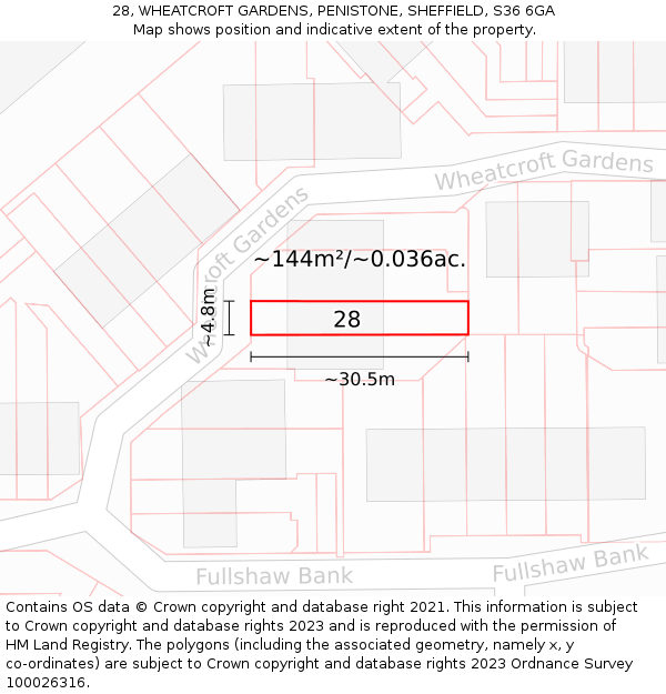 28, WHEATCROFT GARDENS, PENISTONE, SHEFFIELD, S36 6GA: Plot and title map