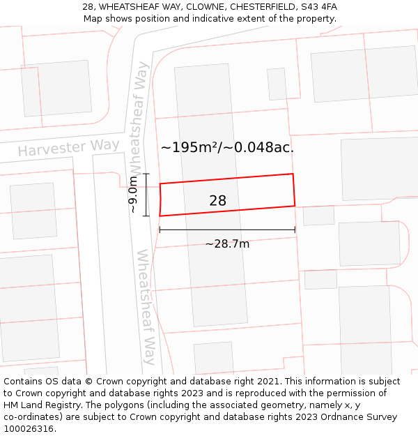 28, WHEATSHEAF WAY, CLOWNE, CHESTERFIELD, S43 4FA: Plot and title map