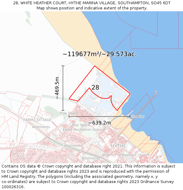 28, WHITE HEATHER COURT, HYTHE MARINA VILLAGE, SOUTHAMPTON, SO45 6DT: Plot and title map