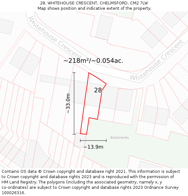 28, WHITEHOUSE CRESCENT, CHELMSFORD, CM2 7LW: Plot and title map