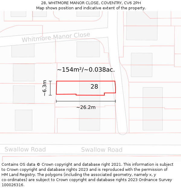 28, WHITMORE MANOR CLOSE, COVENTRY, CV6 2PH: Plot and title map