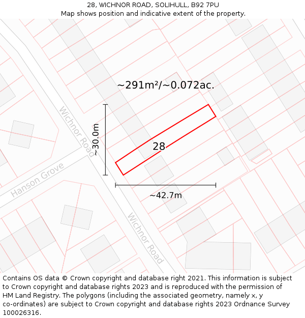 28, WICHNOR ROAD, SOLIHULL, B92 7PU: Plot and title map