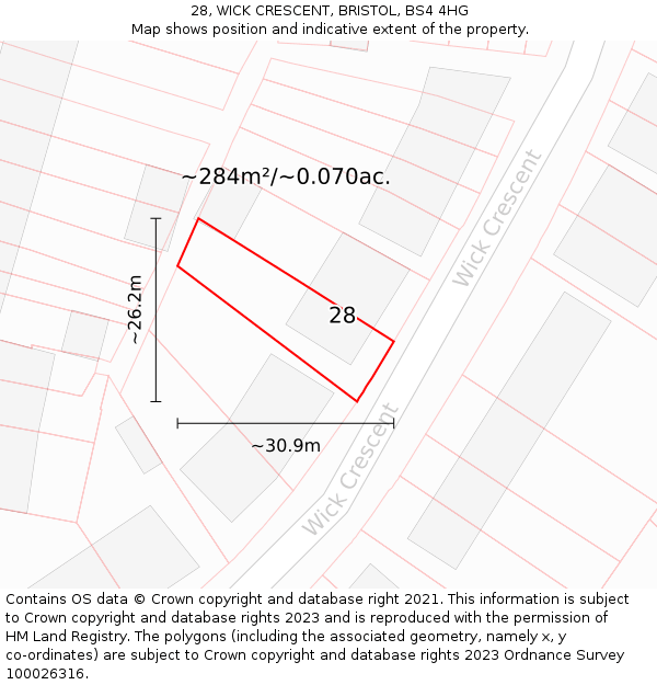 28, WICK CRESCENT, BRISTOL, BS4 4HG: Plot and title map