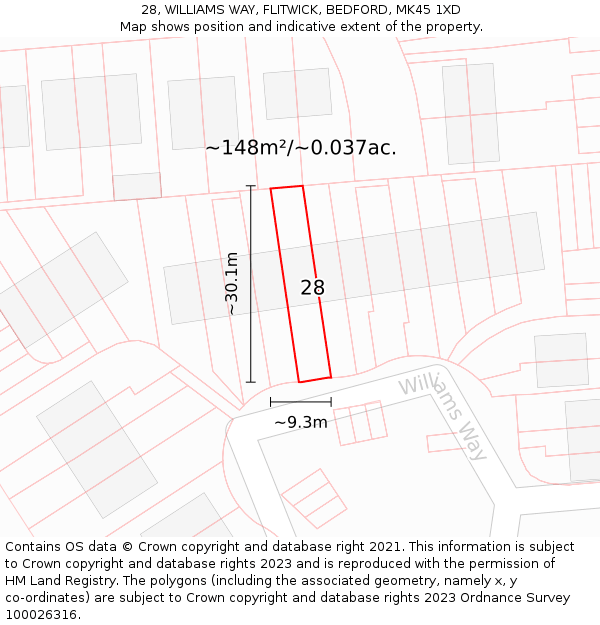 28, WILLIAMS WAY, FLITWICK, BEDFORD, MK45 1XD: Plot and title map