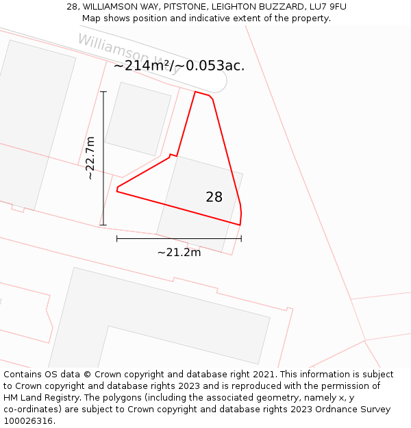 28, WILLIAMSON WAY, PITSTONE, LEIGHTON BUZZARD, LU7 9FU: Plot and title map