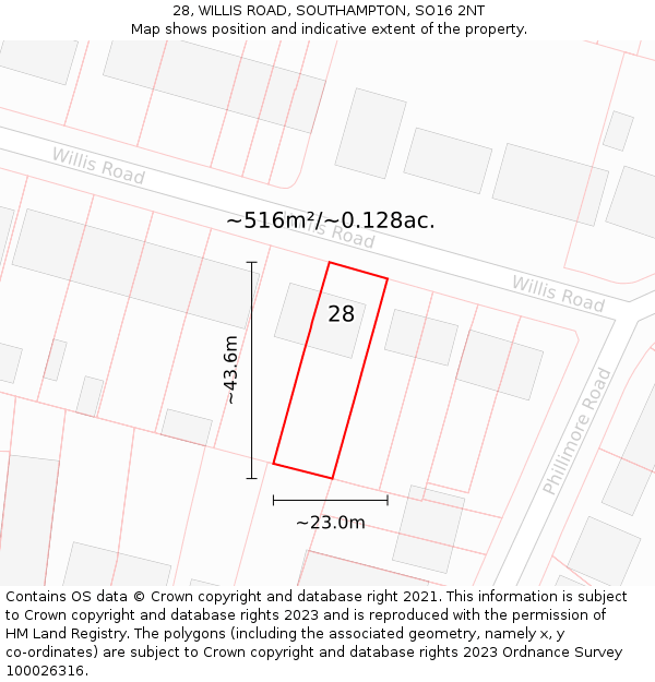 28, WILLIS ROAD, SOUTHAMPTON, SO16 2NT: Plot and title map