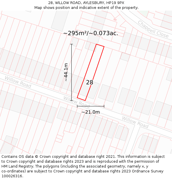 28, WILLOW ROAD, AYLESBURY, HP19 9PX: Plot and title map