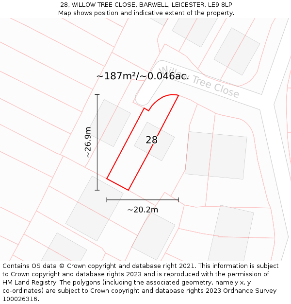 28, WILLOW TREE CLOSE, BARWELL, LEICESTER, LE9 8LP: Plot and title map