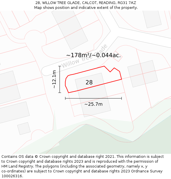 28, WILLOW TREE GLADE, CALCOT, READING, RG31 7AZ: Plot and title map