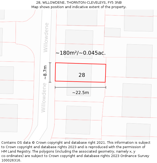 28, WILLOWDENE, THORNTON-CLEVELEYS, FY5 3NB: Plot and title map