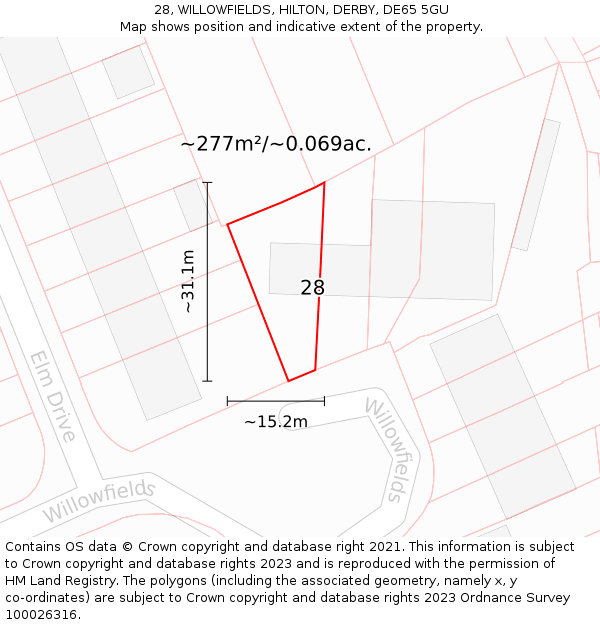 28, WILLOWFIELDS, HILTON, DERBY, DE65 5GU: Plot and title map