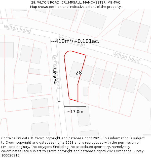 28, WILTON ROAD, CRUMPSALL, MANCHESTER, M8 4WQ: Plot and title map