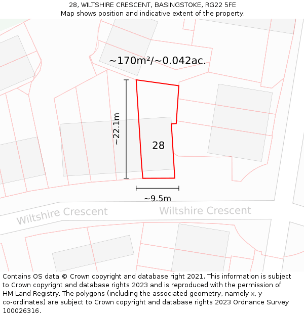 28, WILTSHIRE CRESCENT, BASINGSTOKE, RG22 5FE: Plot and title map