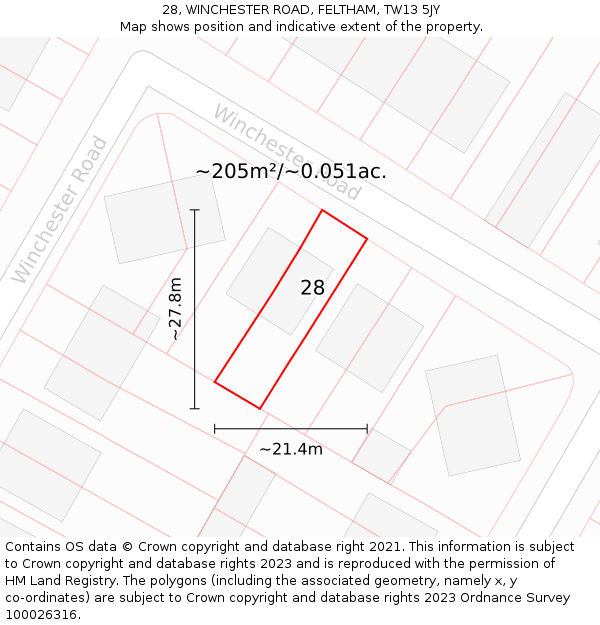 28, WINCHESTER ROAD, FELTHAM, TW13 5JY: Plot and title map