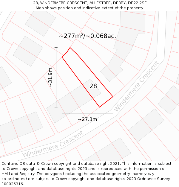 28, WINDERMERE CRESCENT, ALLESTREE, DERBY, DE22 2SE: Plot and title map