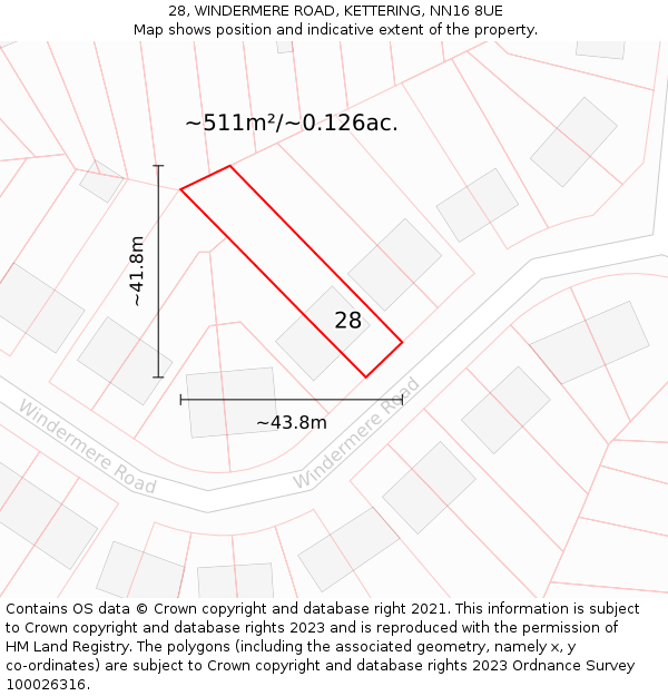 28, WINDERMERE ROAD, KETTERING, NN16 8UE: Plot and title map
