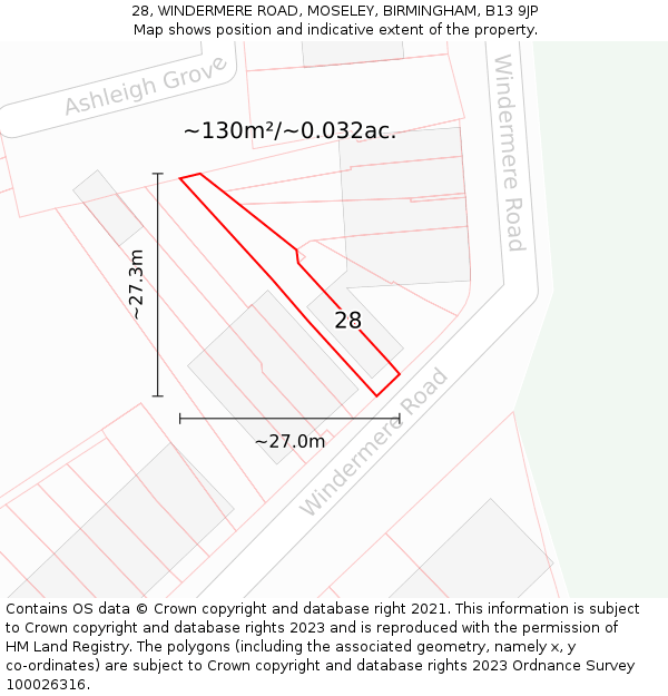 28, WINDERMERE ROAD, MOSELEY, BIRMINGHAM, B13 9JP: Plot and title map