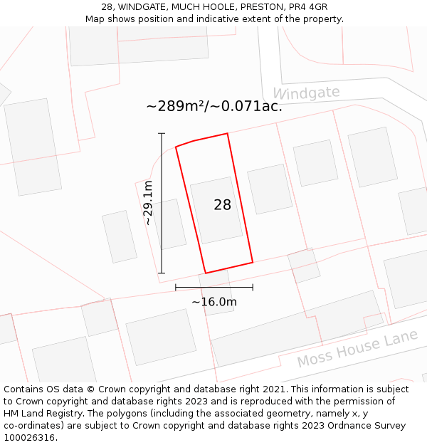 28, WINDGATE, MUCH HOOLE, PRESTON, PR4 4GR: Plot and title map