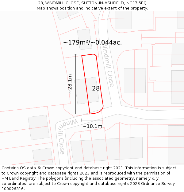 28, WINDMILL CLOSE, SUTTON-IN-ASHFIELD, NG17 5EQ: Plot and title map