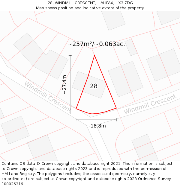 28, WINDMILL CRESCENT, HALIFAX, HX3 7DG: Plot and title map