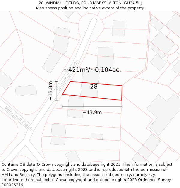 28, WINDMILL FIELDS, FOUR MARKS, ALTON, GU34 5HJ: Plot and title map