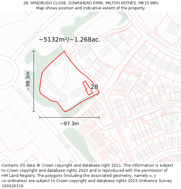 28, WINDRUSH CLOSE, DOWNHEAD PARK, MILTON KEYNES, MK15 9BN: Plot and title map