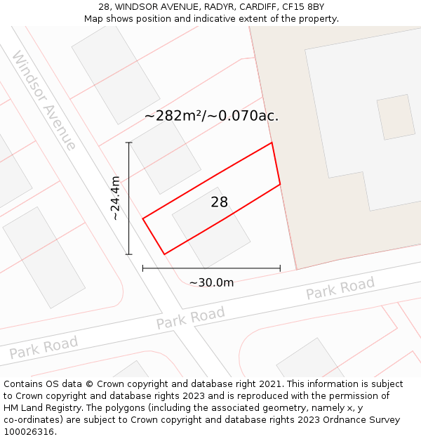 28, WINDSOR AVENUE, RADYR, CARDIFF, CF15 8BY: Plot and title map