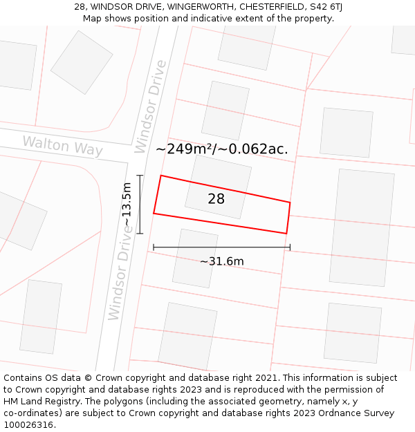 28, WINDSOR DRIVE, WINGERWORTH, CHESTERFIELD, S42 6TJ: Plot and title map