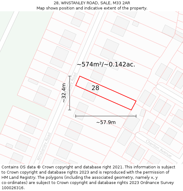 28, WINSTANLEY ROAD, SALE, M33 2AR: Plot and title map