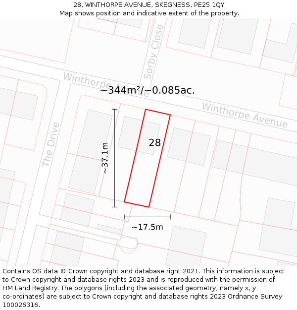 28, WINTHORPE AVENUE, SKEGNESS, PE25 1QY: Plot and title map