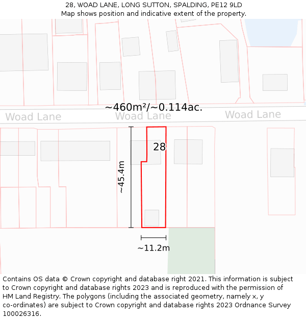 28, WOAD LANE, LONG SUTTON, SPALDING, PE12 9LD: Plot and title map