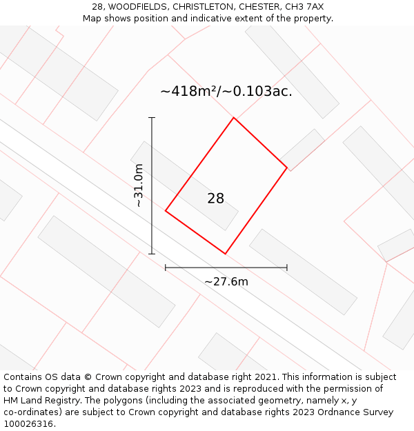 28, WOODFIELDS, CHRISTLETON, CHESTER, CH3 7AX: Plot and title map
