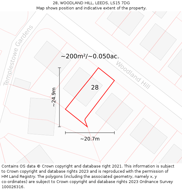 28, WOODLAND HILL, LEEDS, LS15 7DG: Plot and title map