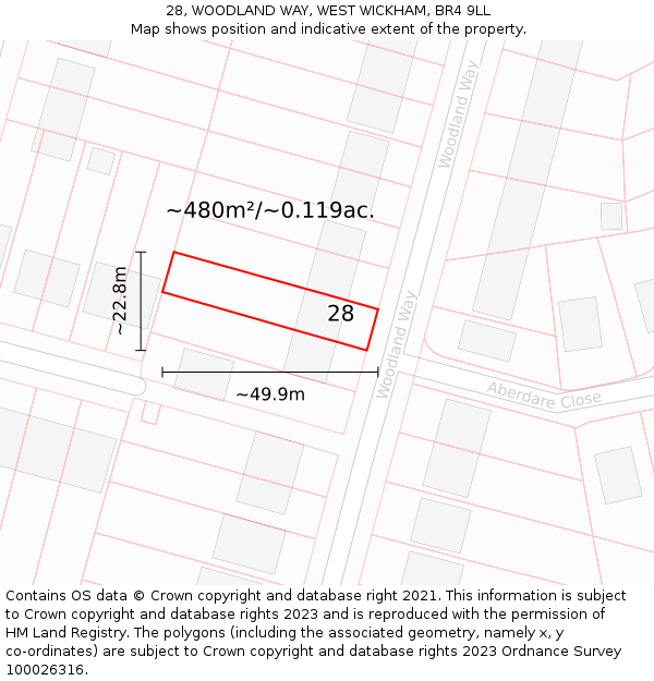 28, WOODLAND WAY, WEST WICKHAM, BR4 9LL: Plot and title map