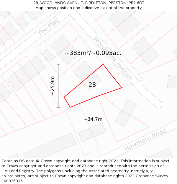 28, WOODLANDS AVENUE, RIBBLETON, PRESTON, PR2 6DT: Plot and title map