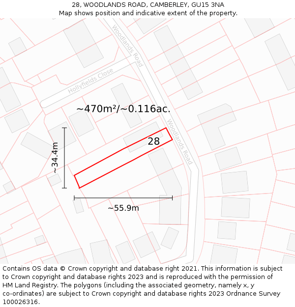 28, WOODLANDS ROAD, CAMBERLEY, GU15 3NA: Plot and title map