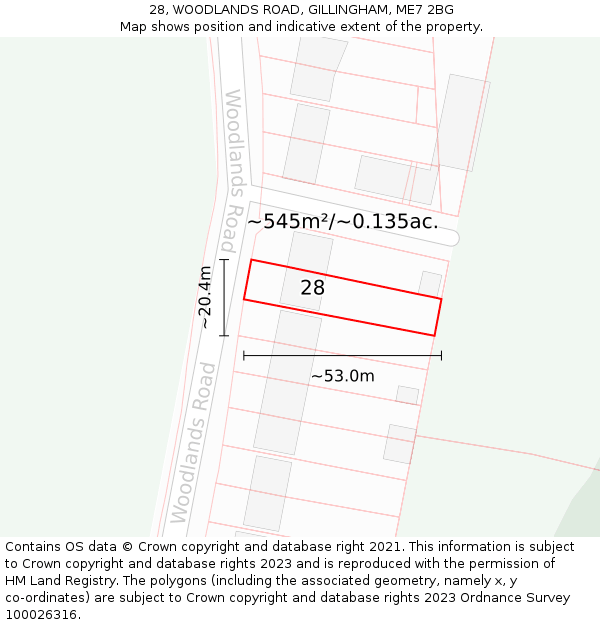 28, WOODLANDS ROAD, GILLINGHAM, ME7 2BG: Plot and title map