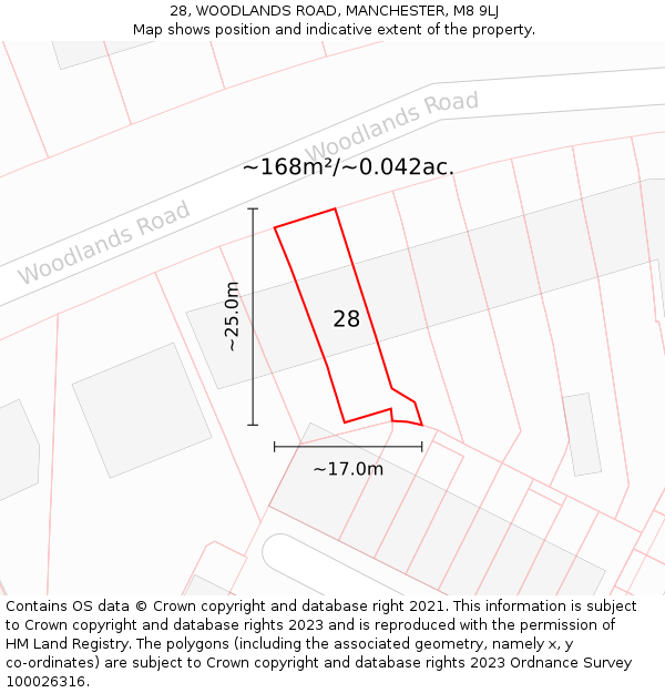 28, WOODLANDS ROAD, MANCHESTER, M8 9LJ: Plot and title map
